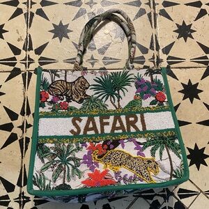 Safari Embroidered and Beaded Green Tote Bag